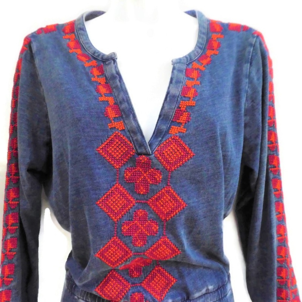 Lucky Brand Dress Blue Indigo Red Embroidered Lounge M - Picture 3 of 6